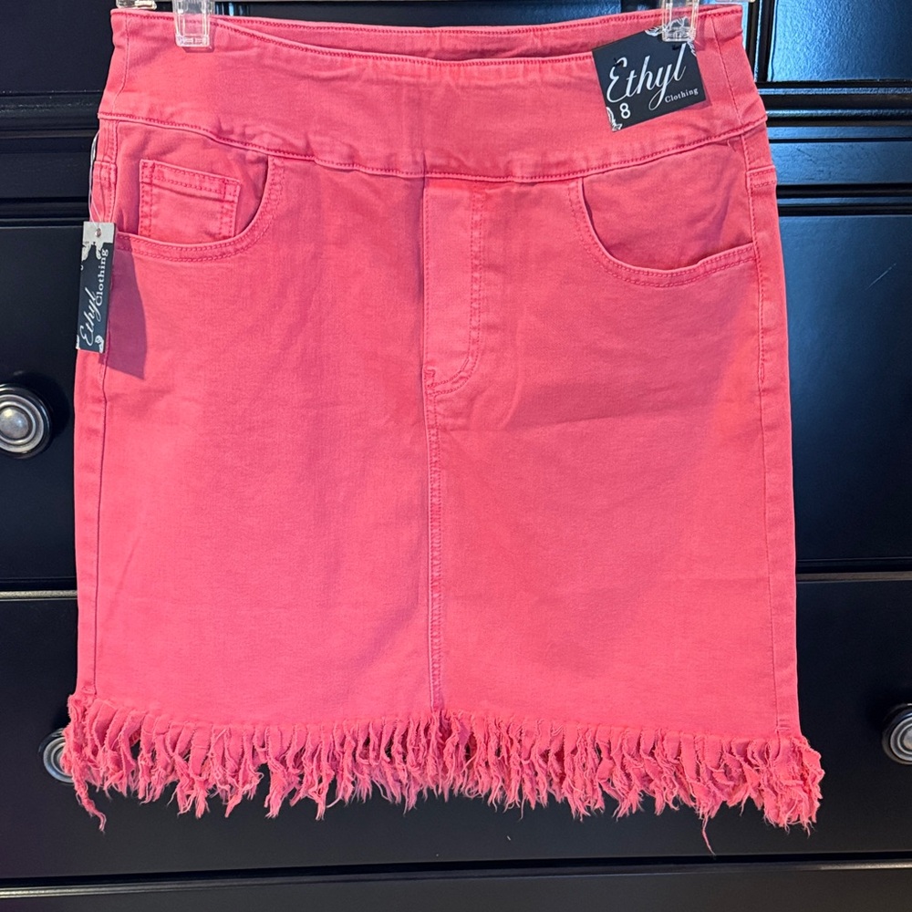 Dark Coral fringed denim Skirt by Ethyl Sz 8. NWT